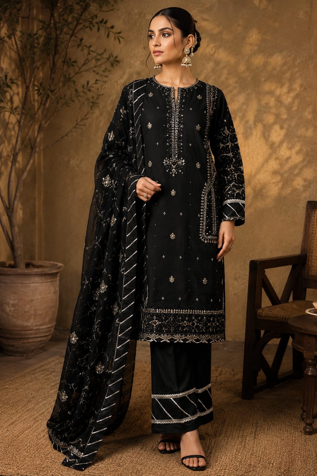 Black Embroidered Jacquard 3-Piece Suit with Organza Dupatta
