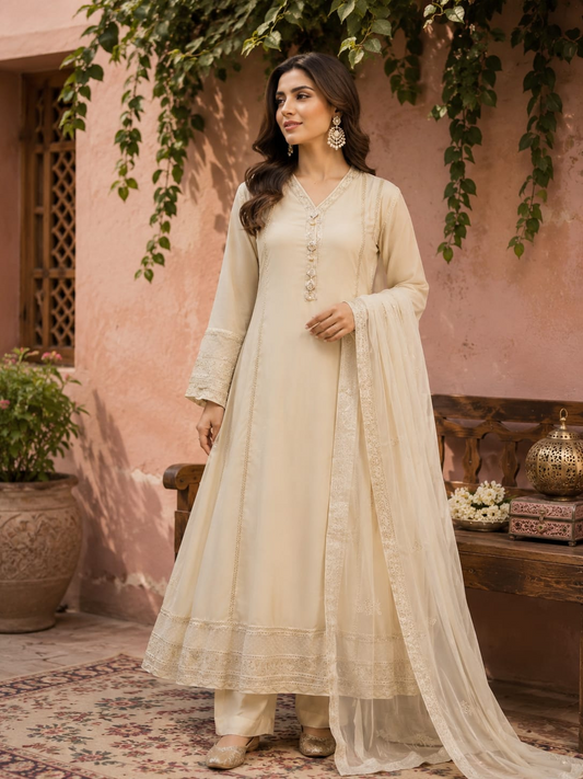 Elegant Ivory Embroidered 3-Piece Suit with Chiffon Dupatta